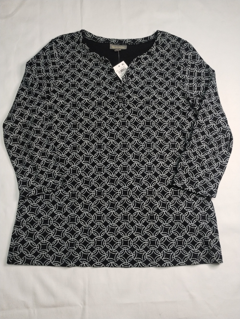 Style & Co Black & White Geometric Print 3/4 Sleeve Top Size (M)